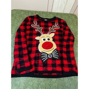 Holiday Time Christmas Sweater Women's Large Red Buffalo Plaid Reindeer Rudolph